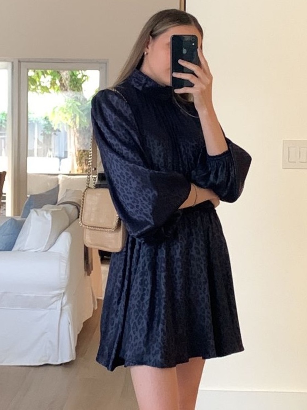 Aqua Navy Leopard-Print Long Sleeve Smocked-Waist Dress